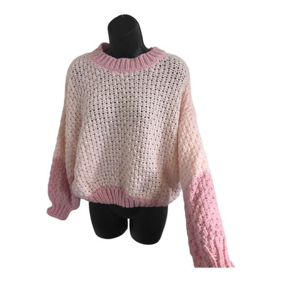 Shades of pink crochet waffle knit chunky cuffed sleeve sweater size large new - Picture 7 of 13